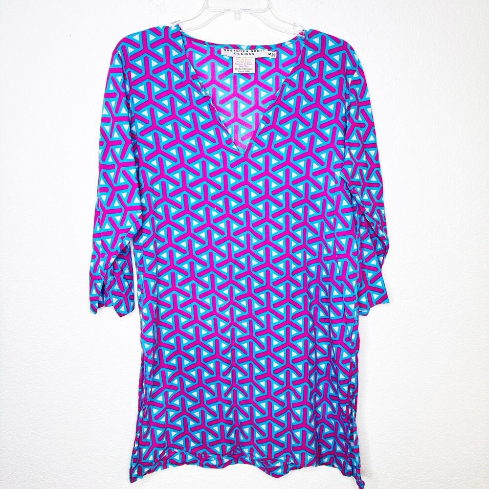Gretchen Scott Women Tunic Top Size Small Blue Pink Split Neck Cotton Boho Beach